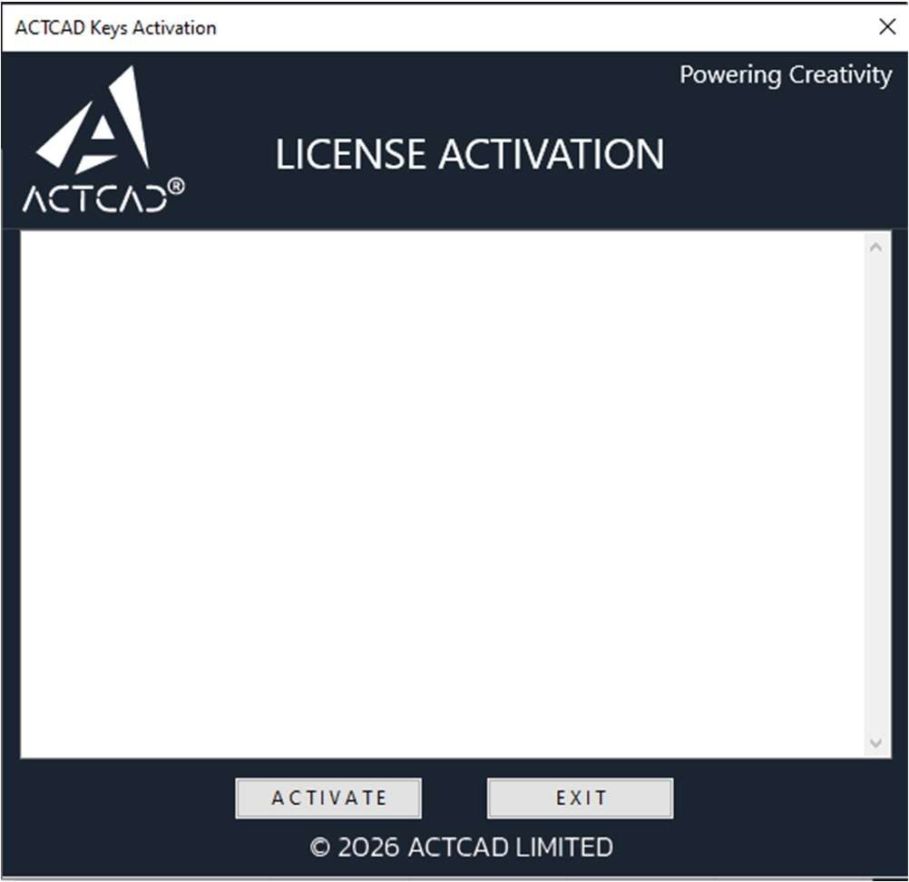The empty ACTCAD License Activation dialog