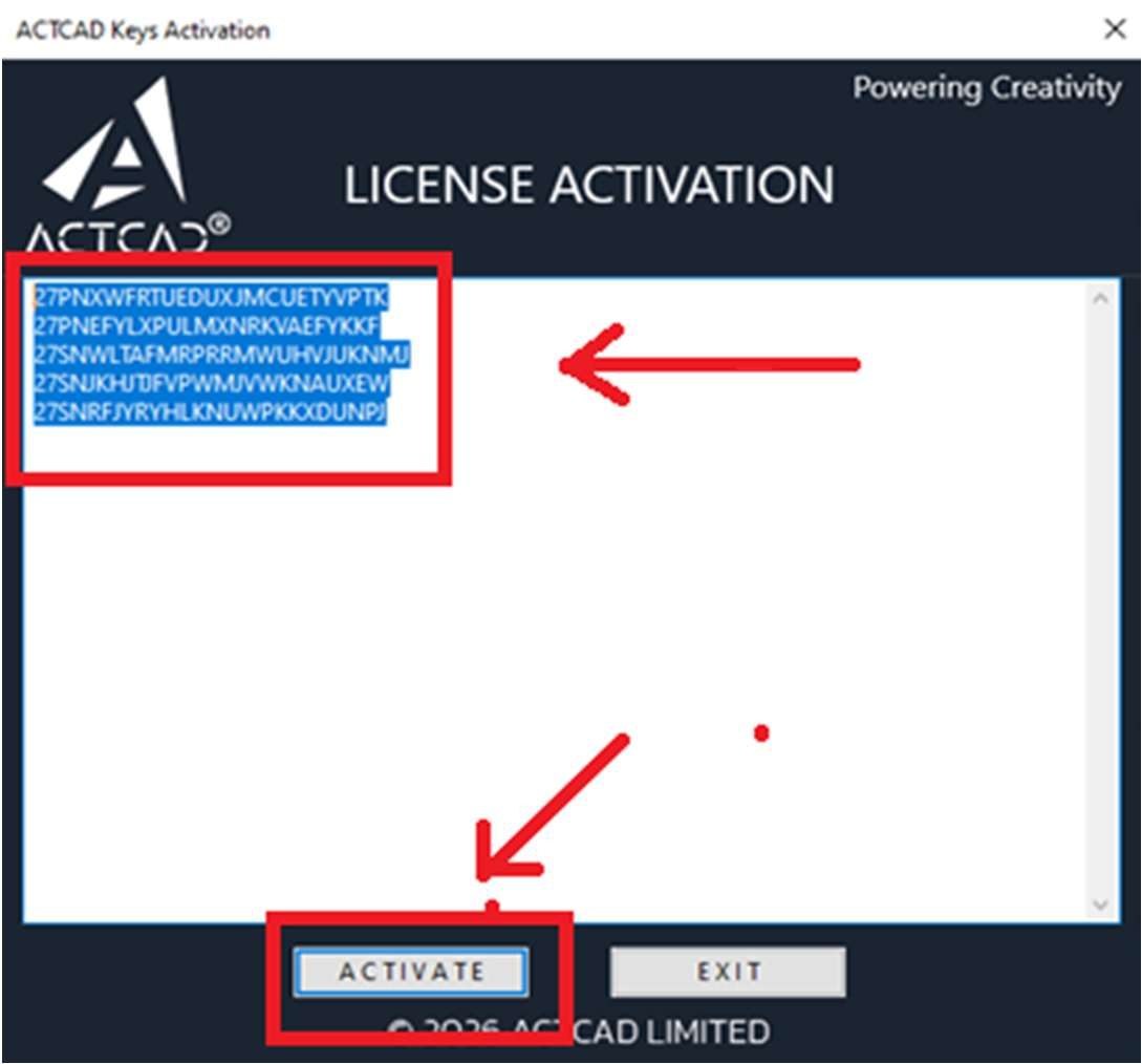 Licence keys pasted into the dialog, Activate highlighted