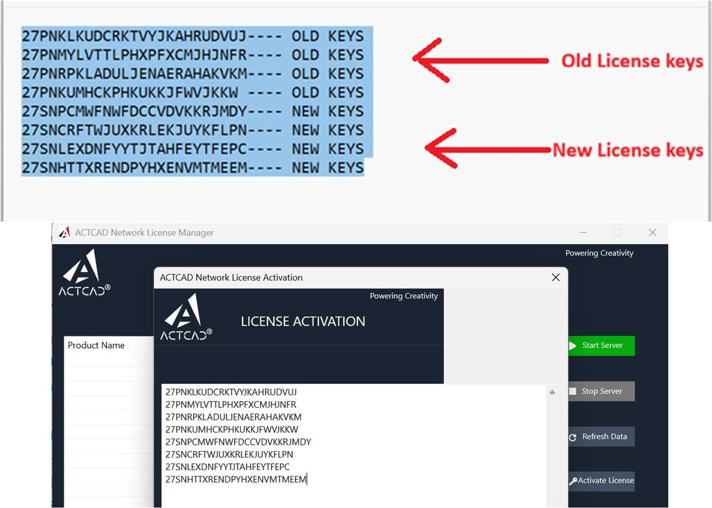 Old and new licence keys pasted into the activation dialog together