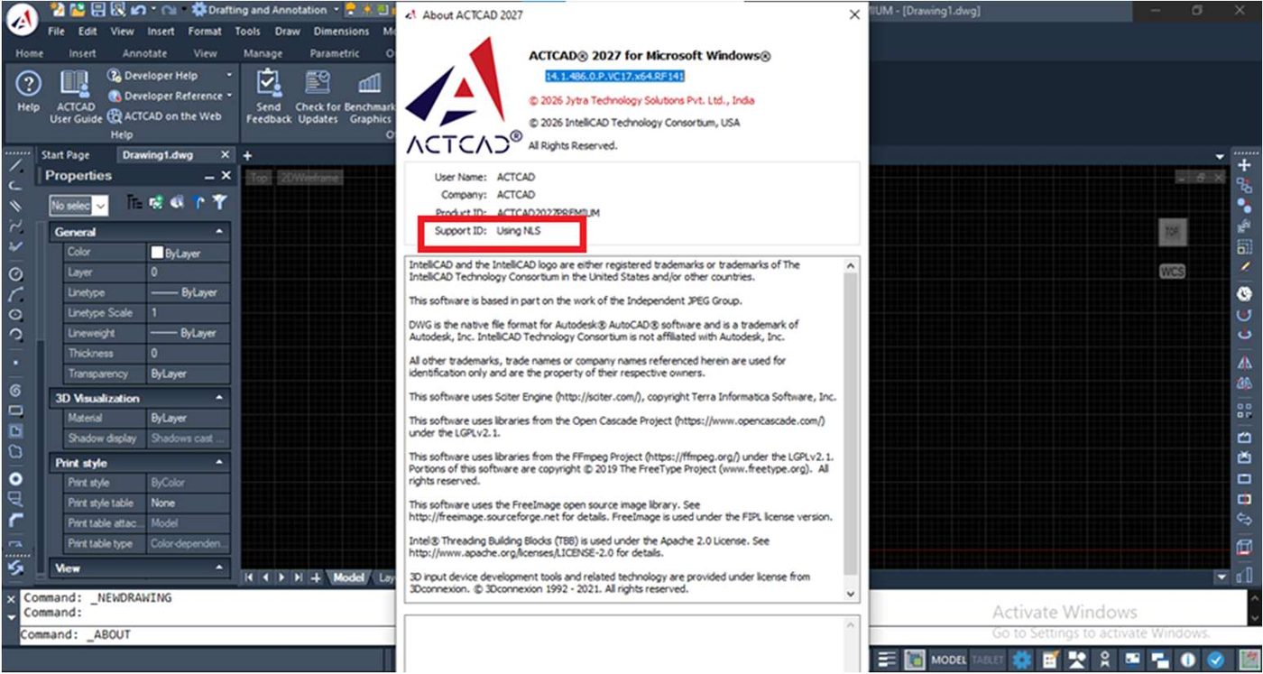 The ACTCAD About dialog showing Support ID: Using NLS