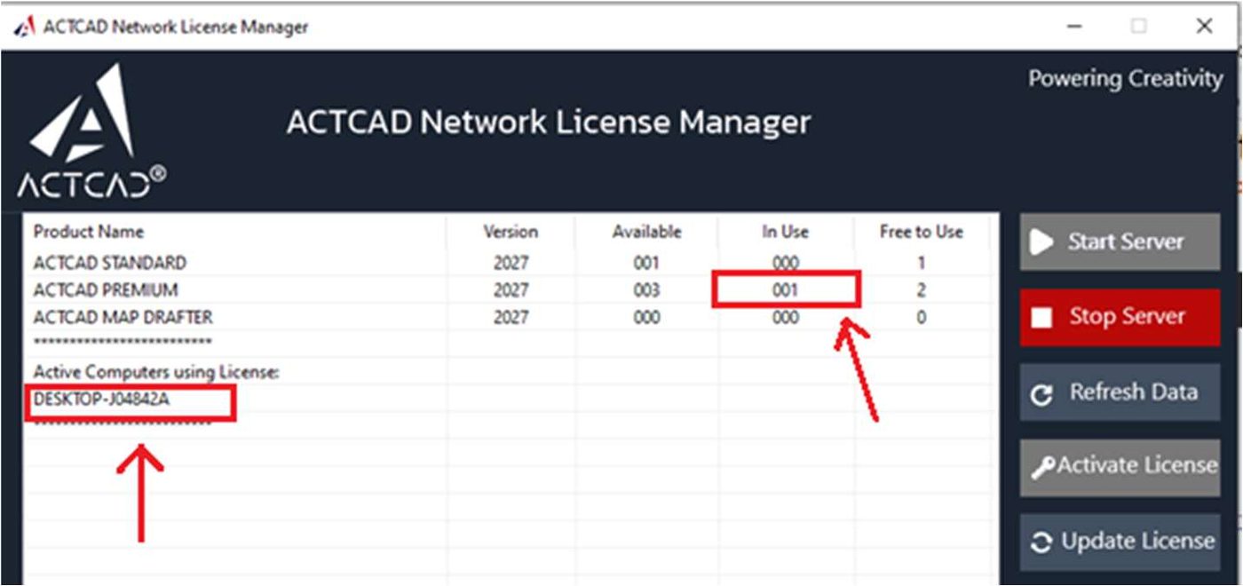 Licence table with In Use at 001 and the client PC named below