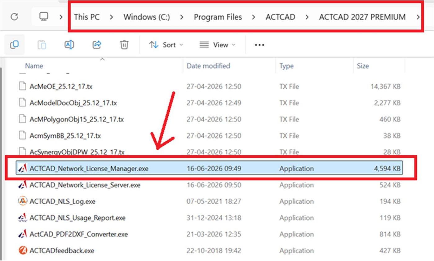 ACTCAD installation folder with ACTCAD_Network_License_Manager.exe highlighted