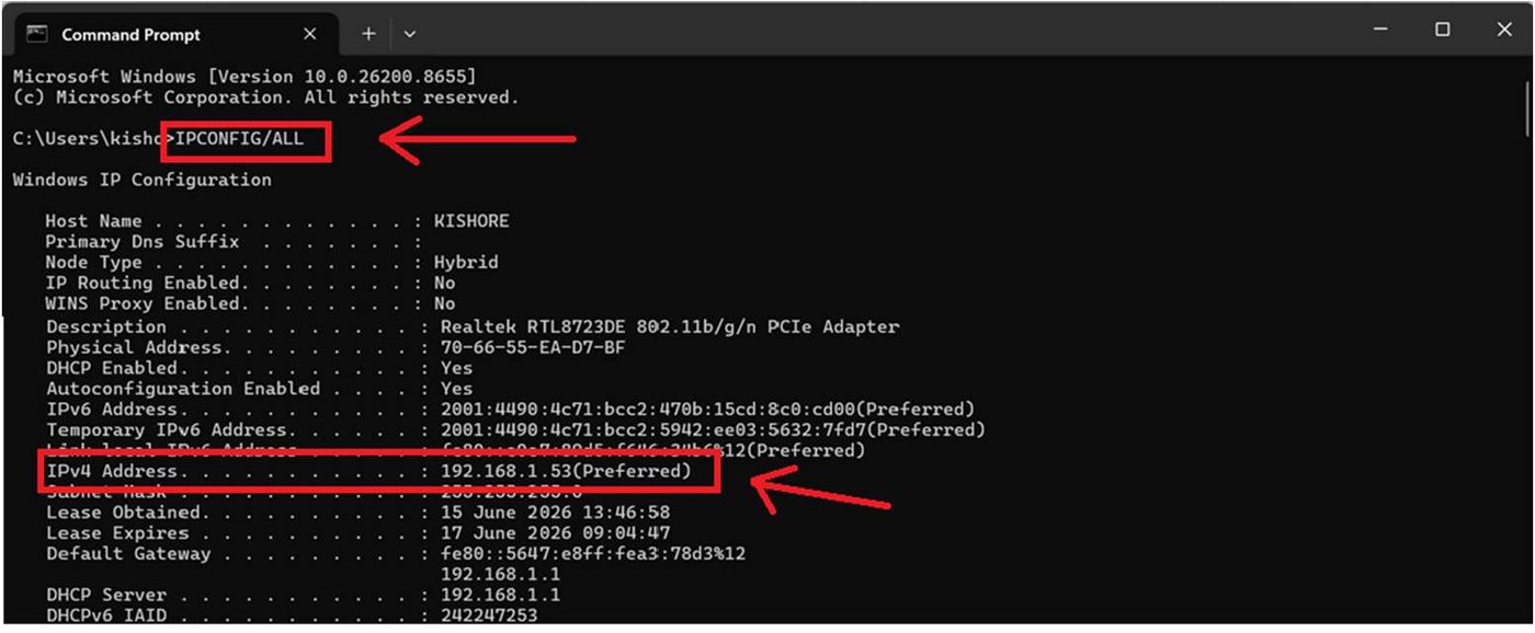 Command Prompt showing ipconfig /all with the IPv4 address highlighted