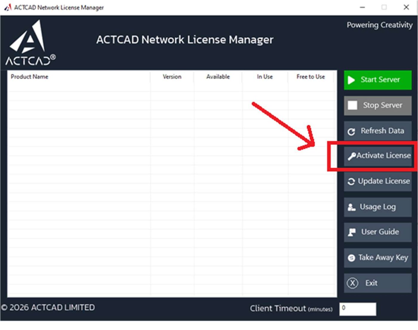 The Network License Manager main window, Activate License highlighted