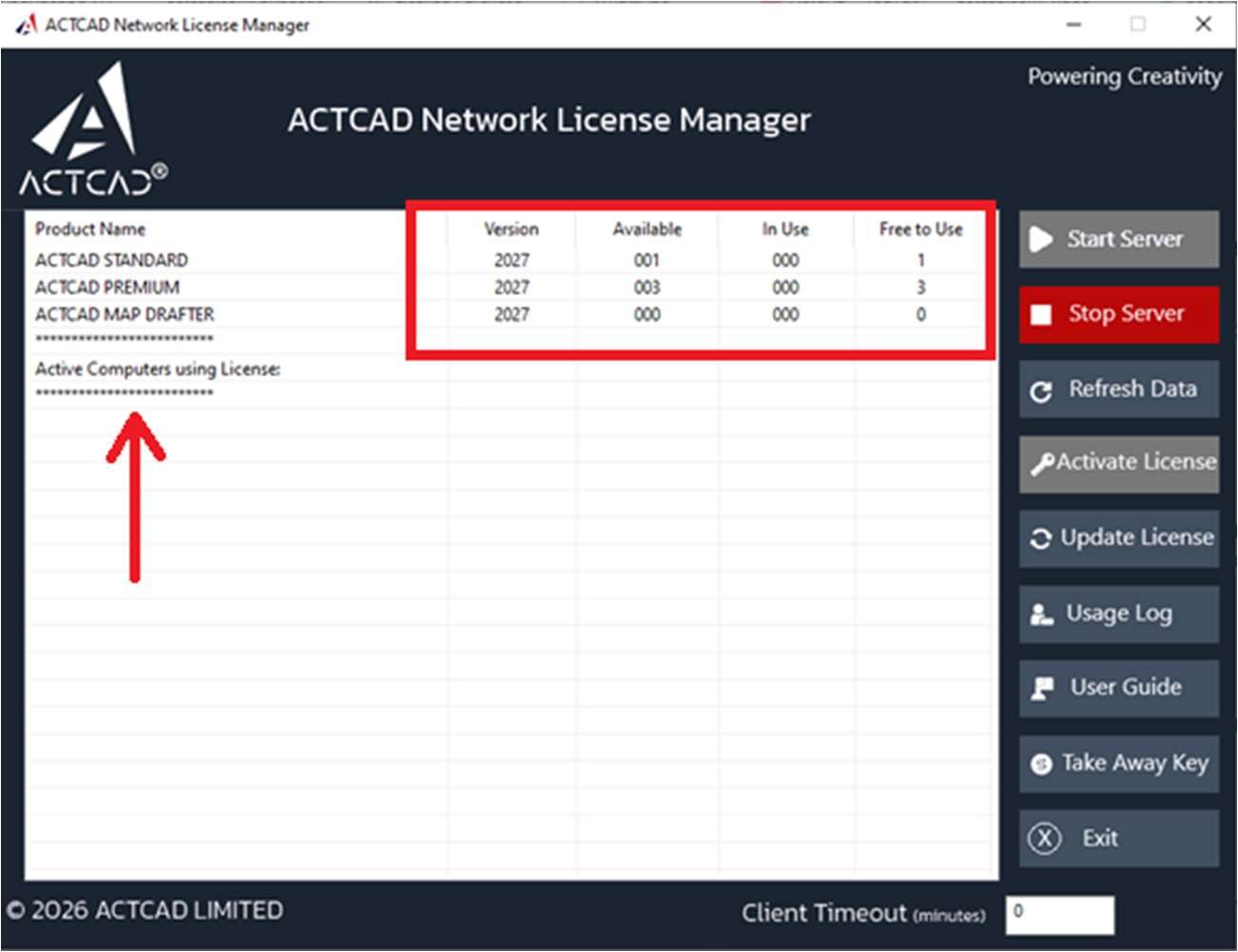 Licence table showing version, available, in use and free to use counts
