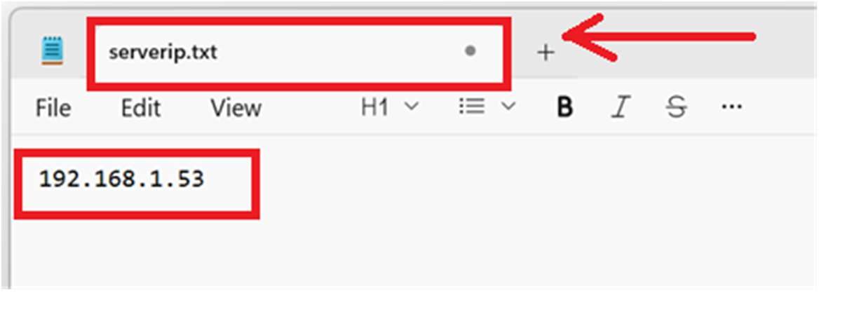 A text file named serverip.txt containing an IPv4 address