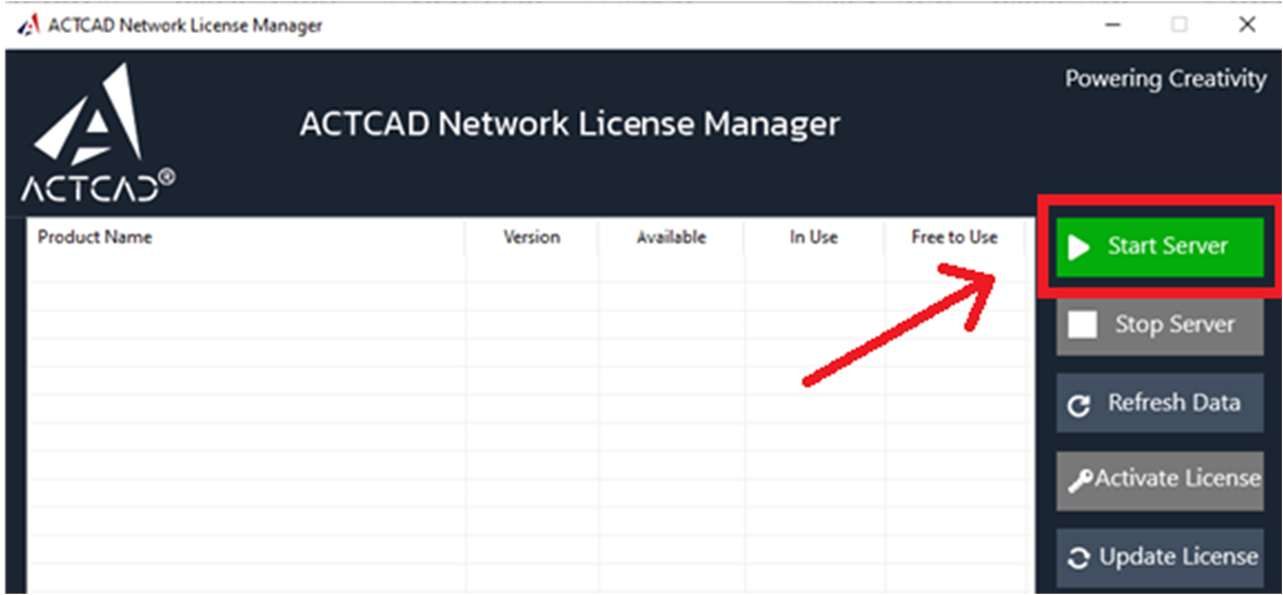 The Network License Manager, Start Server highlighted