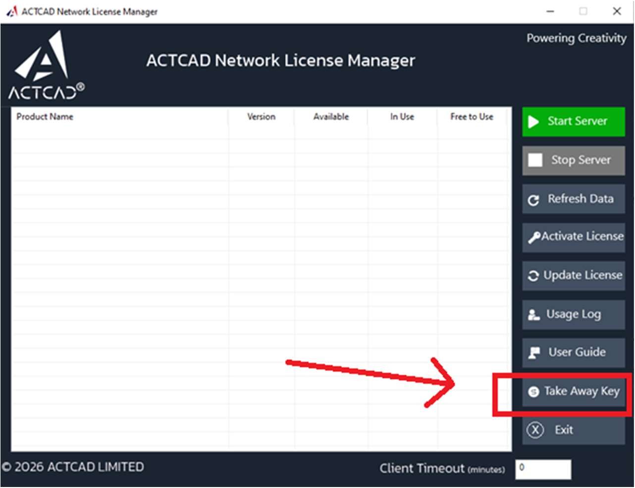 The Network License Manager, Take Away Key highlighted