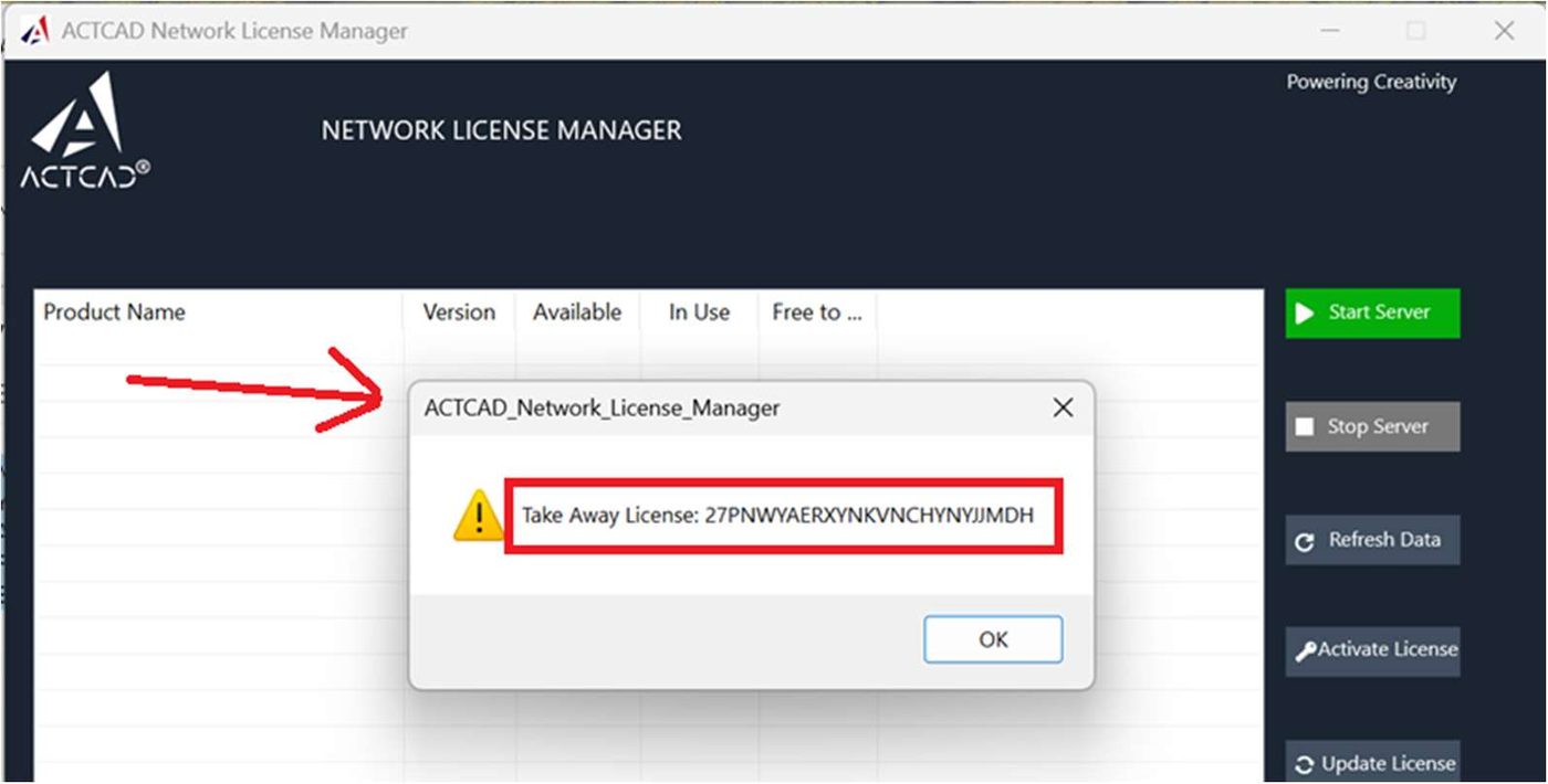 Dialog displaying the generated take-away licence key