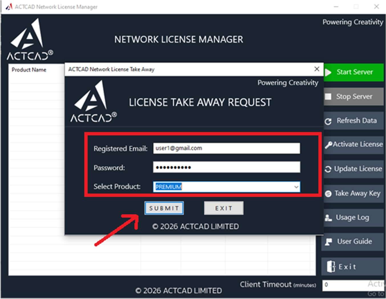 The License Take Away Request dialog: email, password and product