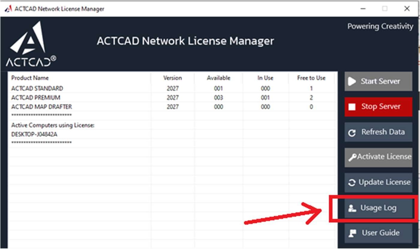 The Network License Manager, Usage Log highlighted